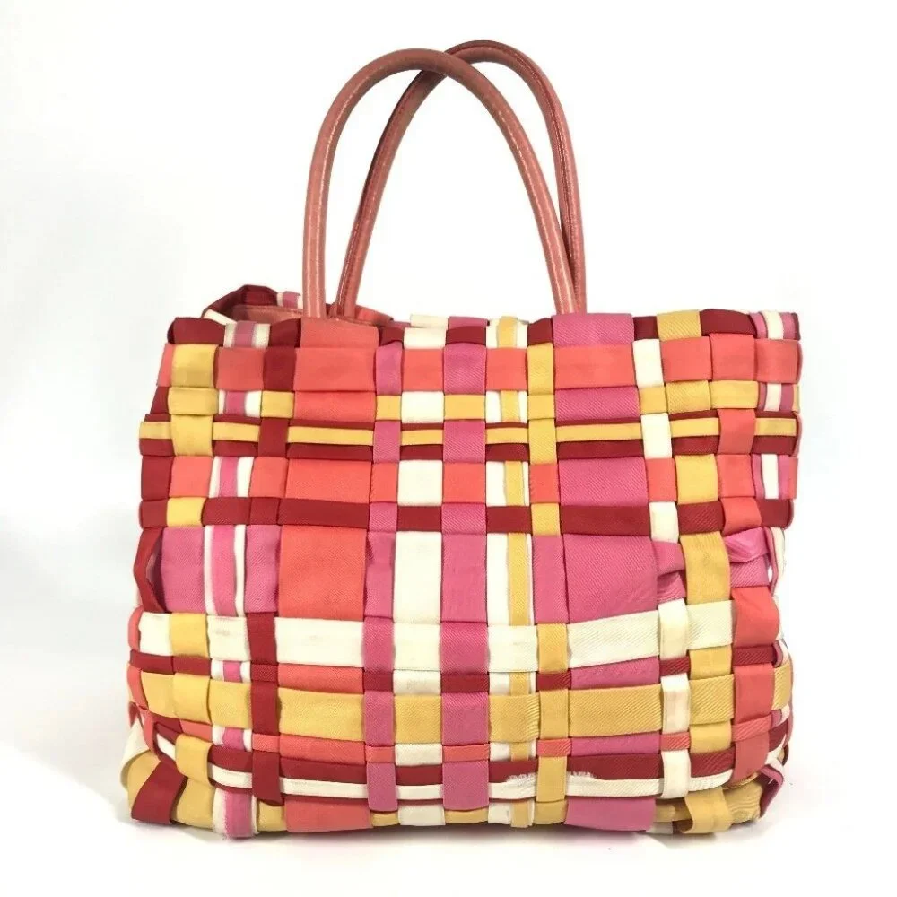 PRADA Braided Logo triangle logo plate Bag Tote Bag Hand Bag Nylon pink/White - Picture 2 of 14